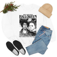 Load image into Gallery viewer, &quot;THE SCARIEST MOVIE...&quot; White DTG Crewneck Sweatshirt